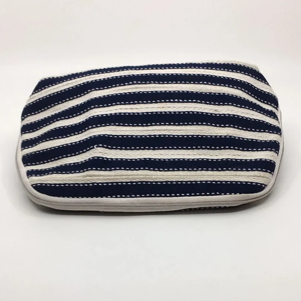 Oscar de la Renta Navy Blue and Cream Striped Padded Makeup / Cosmetic Bag